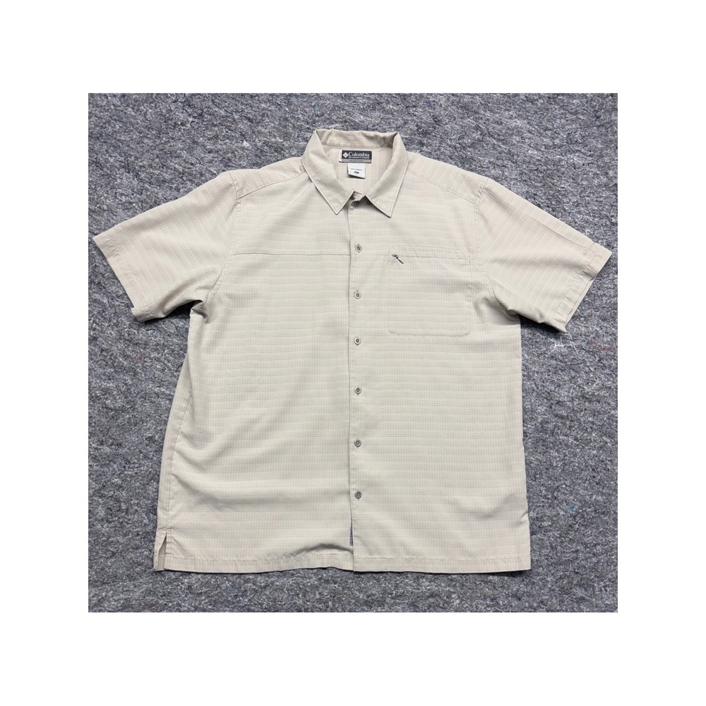 Columbia Mens XL Tan Grid Short Sleeve Button Down Shirt Zip Pocket Modal Blend